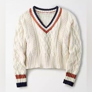 AMERICAN EAGLE red, white, & blue cropped knit v-neck sweater SMALL